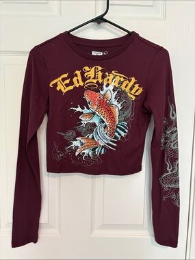 Ed Hardy Burgundy Crop Top with Koi Graphic